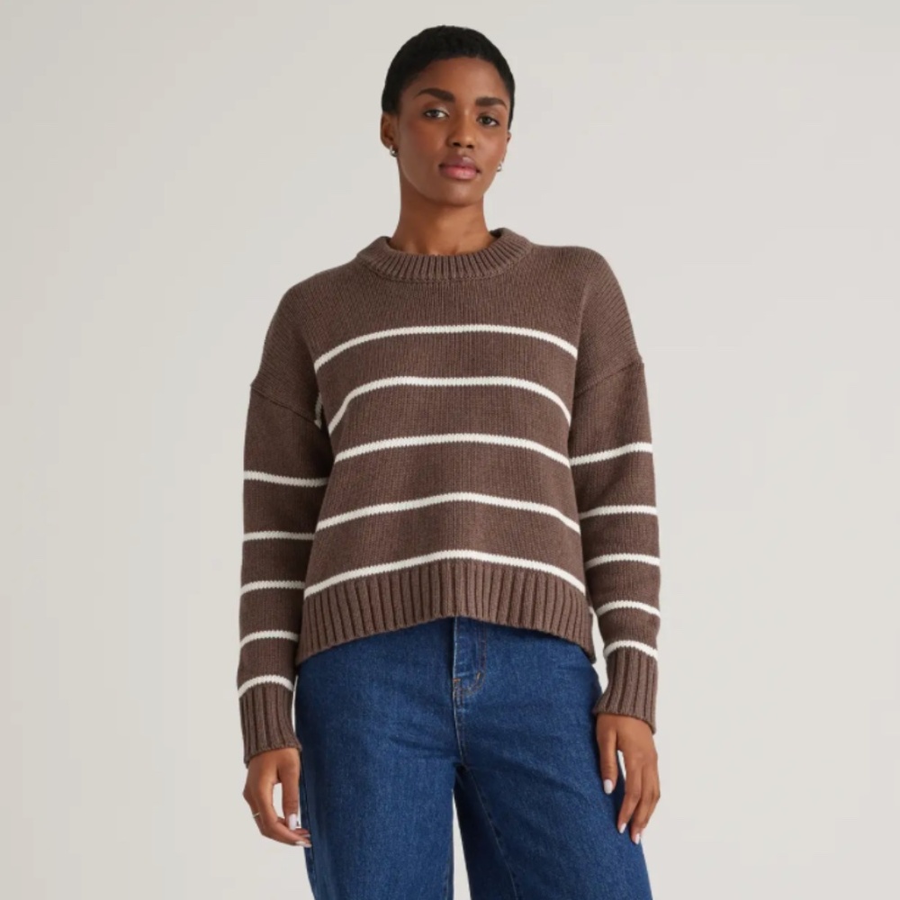 Quince 100% Organic Cotton Striped Crew Sweater Brown/Ivory Small